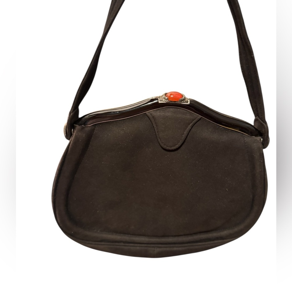 Antique Black Suede Leather Carnelian Marcasite Victorian Handbag Wristlet
